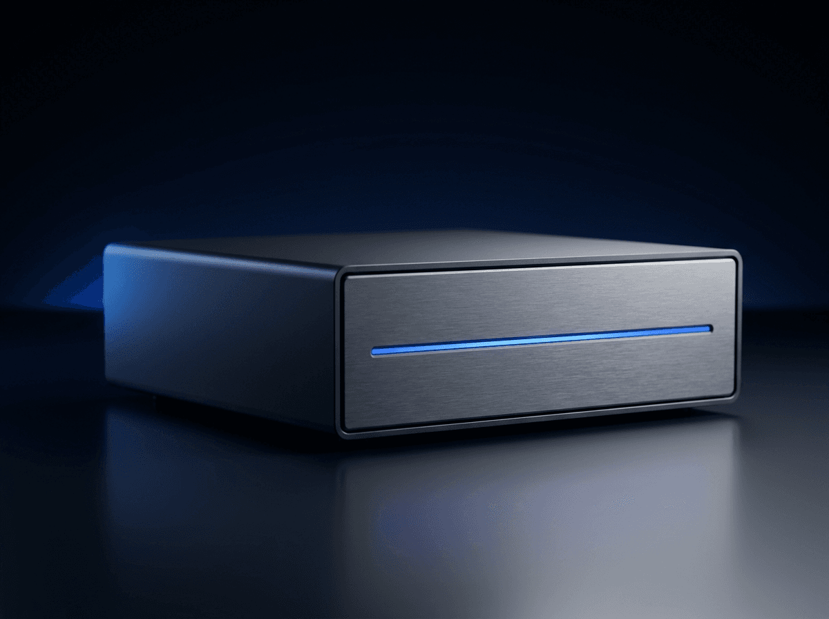 LocalAIBox desktop AI appliance with a blue illuminated front panel